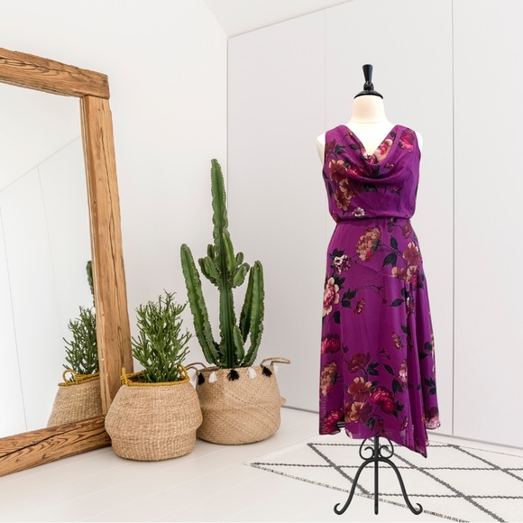 Donna Ricco Sleeveless Draped Neck Floral Midi Dress - Picture 1 of 15